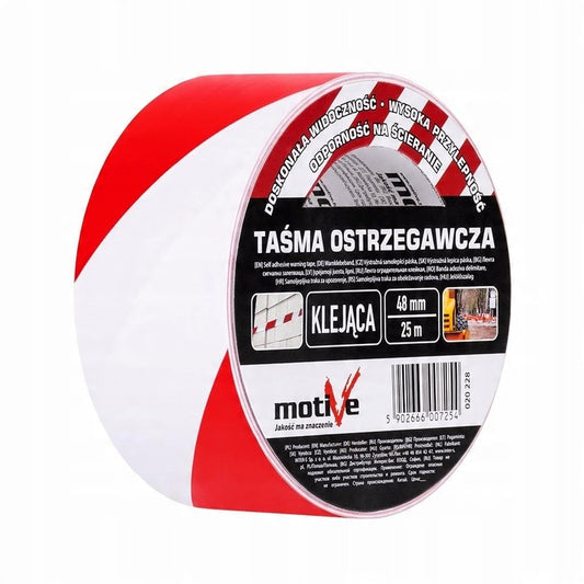 Taśma ostrzegawcza klejąca biała-czerwona 48 mm x 25 m MOTIVE